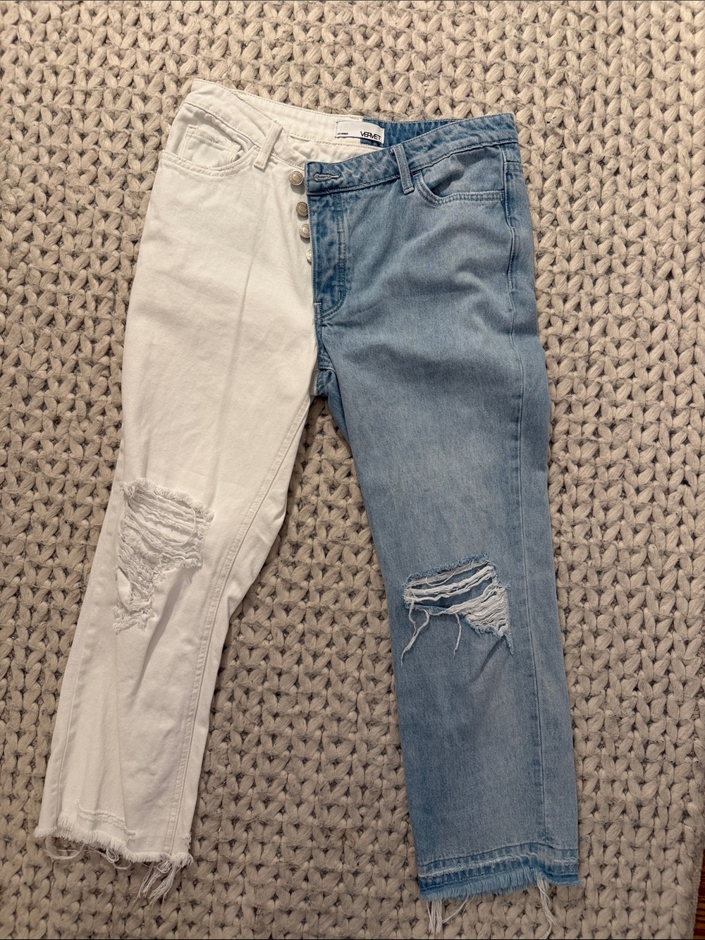 Two-Tone Straight Leg Jeans in White and Light Blue by Vero Moda